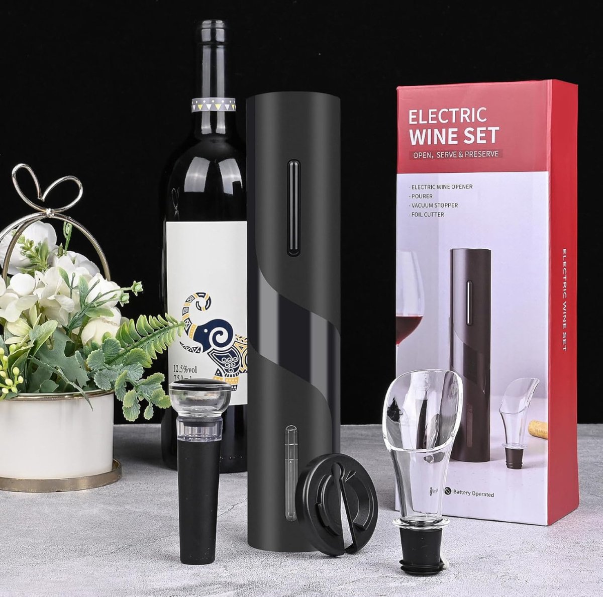 Equivera Elektrische Kurkentrekker Set - Automatische Wijnopener - Wijn Accessoires - Flessenopener - Cadeautip - Premium