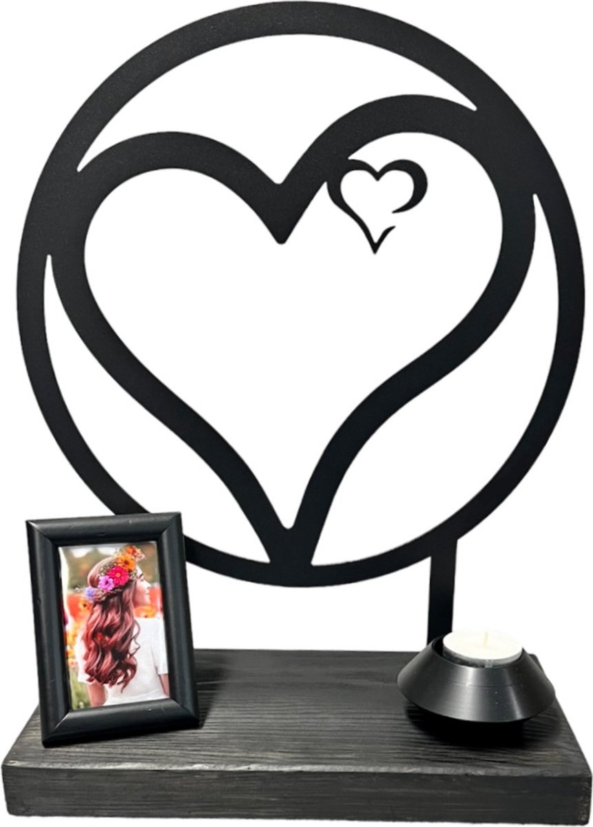 Urnbeeld - Hart urn van gecoat staal (zwart) - houten sokkel - 28cm - 10ml crematie as