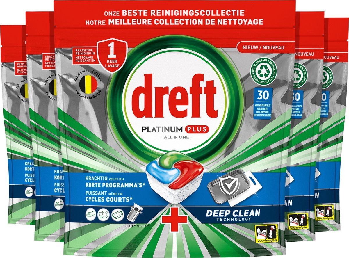 Goedkoopste Dreft Platinum Plus All In One Vaatwasmiddel - Deep Clean Fresh Herbal Breeze - Voordeelverpakking 300 Vaatwastabletten