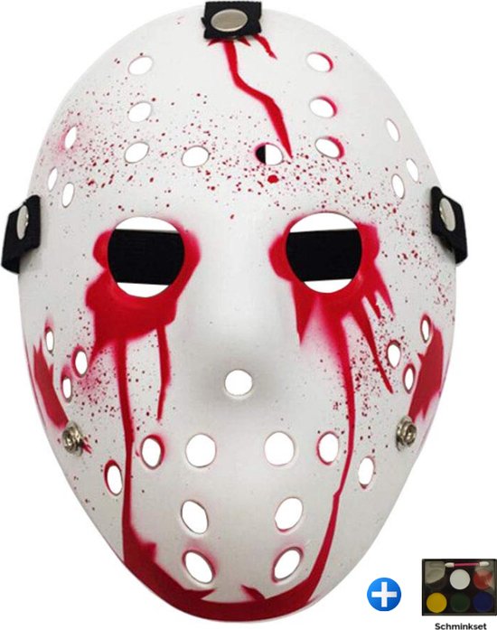 Foto: Tecqx jason voorhees hockey masker halloween masker inclusief schminkset 6 kleuren horror film friday the 13th cosplay masker verkleedmasker wit met rood bloed