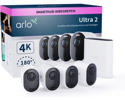 Arlo Ultra 2 draadloze WiFi-beveiligingscamera voor buiten, 4K UHD, 180˚ kleurennachtzicht, sirene & spotlight, bewegingsdetectie, 2-weg-audio, 6 mnd batterij, lokale opslag (SD-kaart), incl. proefp. Arlo Secure, 4 IP-Camera’s + Smart Hub, wit