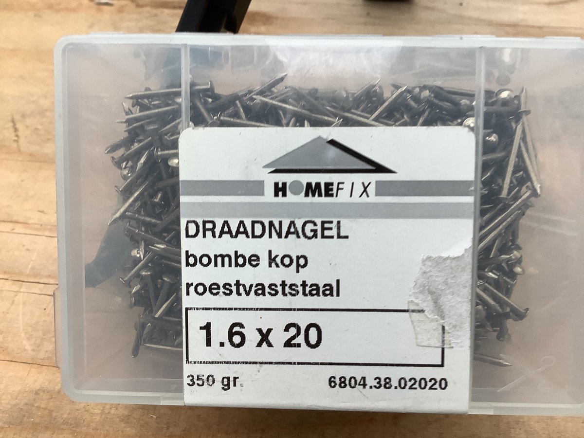 Spijkers. RVS. Draadnagels. 1.6 x 25 mm. Lang.bolkop. 350 gram. Homefix.