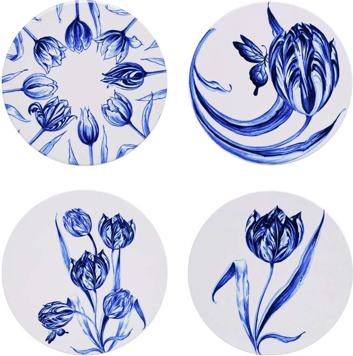 Heinen Delfts Blauwe Onderzetters Vrolijke tulpen - Rond - Keramiek - set van 4