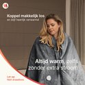 Vrouw omhuld door een zachte, grijze elektrische deken. Koppel makkelijk los en blijf heerlijk verwarmd. Altijd warm, zelfs zonder extra stroom.
