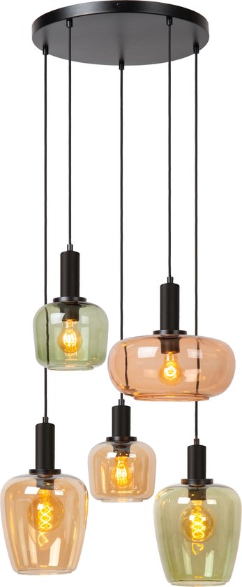 Hanglamp 'Ilona' met vijf glazen lampenkappen in amber en groen, aan zwarte koorden.
