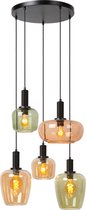 Hanglamp 'Ilona' met vijf glazen lampenkappen in amber en groen, aan zwarte koorden.