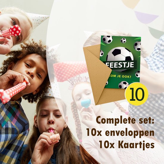 Groep kinderen met feestelijke attributen, met een uitnodigingskaart 'FEESTJE KOM JE OOK?' en 10x kaarten & enveloppen.