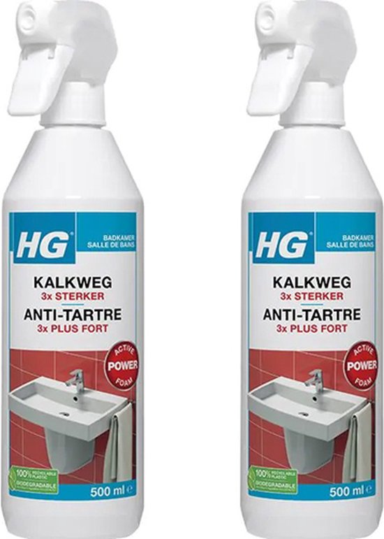 Twee flessen HG kalkweg schuimspray, elk 500 ml, met een afbeelding van een wastafel.