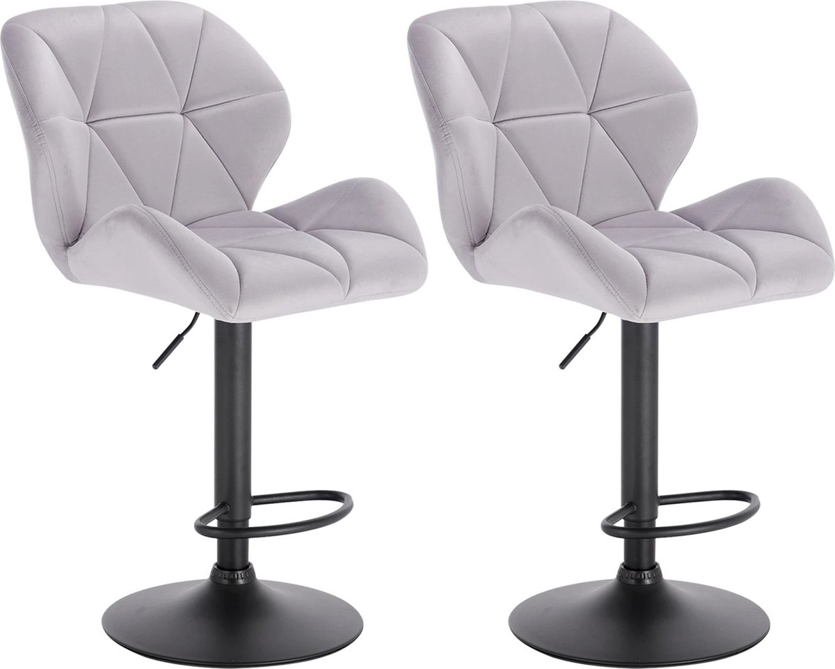Roxana® Stoelen - Set van 2 - Verstelbare Hoogte 60-82 Cm - Krukken - Licht Grijs - Keukeneiland - Velvet - Fluweel - Met Voetondersteuning - Draaibaar - RVS - Rugleuning