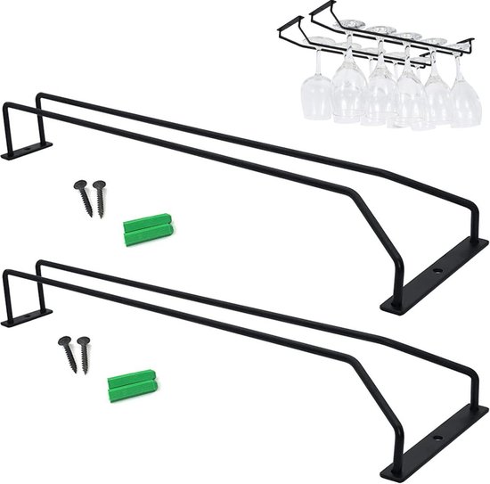 Vaisoeny wijnglashouder, wijnglashouder hangend, glazenhouder, wijnglasbeugel, kunststof organizer voor bar, snedenvrij, zelfklevend, 2 stuks (zwart