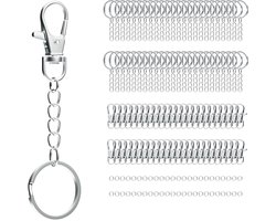 Sleutelhanger, Sleutelringen met Karabijnhaak – Sieraden maken - Platte Sleutelring 24 mm met Karabijnhaak, Splitringen en Ketting – 50 stuks – RVS