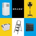 Collage van Brasq producten: airco, ventilator, opbergbox, trapje, brievenbus.