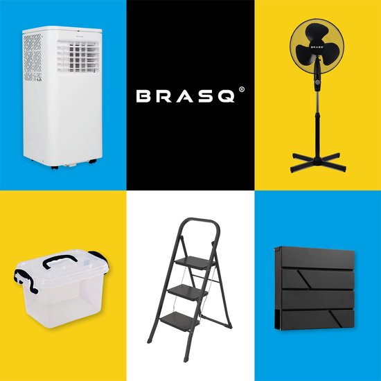 Collage van Brasq producten: airco, ventilator, opbergbox, trapje, brievenbus.