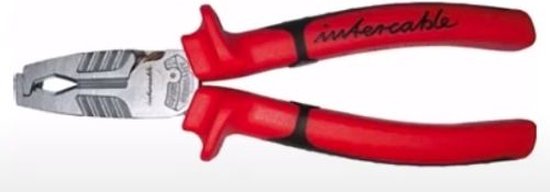 Intercable striptang met rode handvatten, zwarte accenten en een metalen kop.