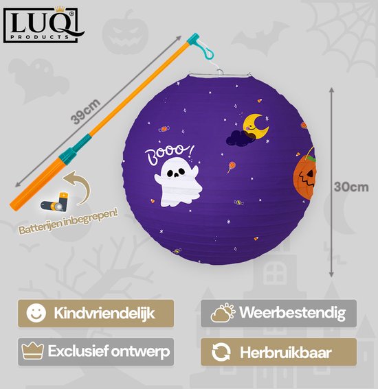 LUQ - Spook - Halloween - Lampion - Met Lichtje - Lampionstokje - Treklampion - Papier - Sint Maarten - Kind - 1 Stuk — afbeelding 2