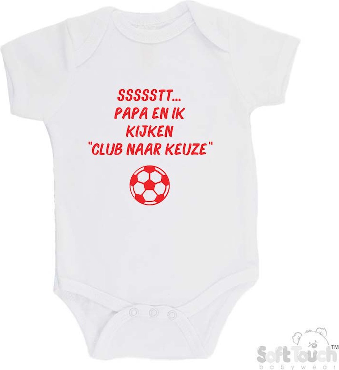 Soft Touch Romper Gepersonaliseerd Voetbal Club naar Keuze "ssssstt Papa en ik kijken ...." Unisex Katoen Wit/rood Maat 56/62