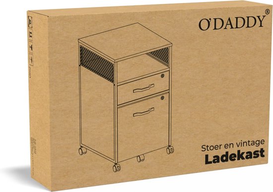 Verpakking van O'DADDY ladekast, met een tekening van de kast met open rek en wielen.