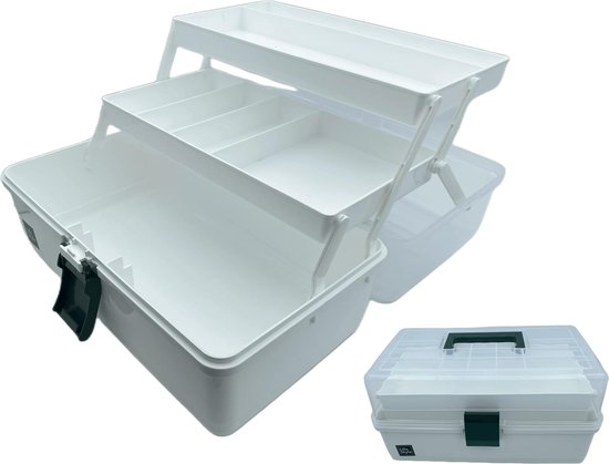 Kongming 32 cm knutselkoffer voor kinderen, 3 planken, multifunctionele opbergdoos met deksel, knutseldoos, kunststof sorteerdozen voor kleine onderdelen, organizer-box, naaikoffer, medicijnkoffer