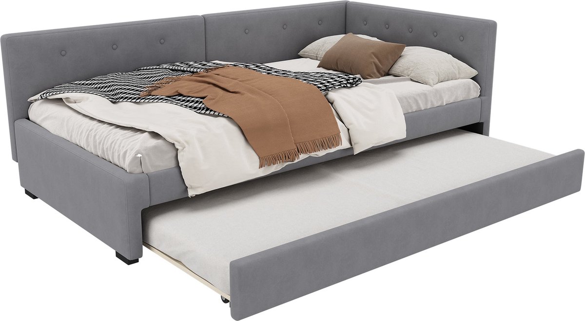 Merax Moderne Slaapbank Eenpersoonsbed 90x200 cm met Extra Uitschuifbaar Bed 90x190 cm - Fluweel Gestoffeerd Bed Bank - Grijs