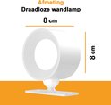 Afmeting draadloze wandlamp: 8 cm breed, 8 cm hoog. Witte wandlamp met kantelbare spot.