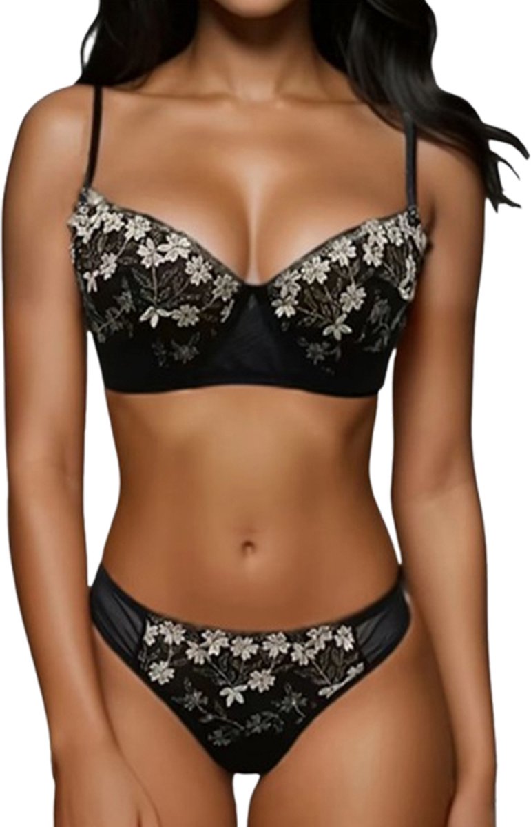 Goedkoopste Elegante Zwarte Lingerieset met Bloemenborduursels - String en BH - Lingerie - Dames