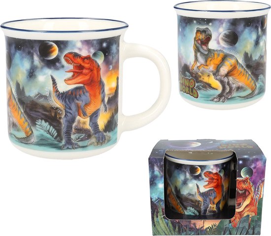 Mok met dino-print en bijpassende verpakking. De mok toont een T-Rex in een buitenaardse setting.