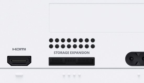 Achterkant van de witte Xbox Series S console met HDMI- en opslaguitbreidingspoorten.