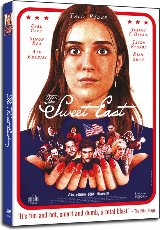 DVD-cover van "The Sweet East" met Talia Ryder centraal, omringd door andere personages. Rode en blauwe kleurstelling met sterren.