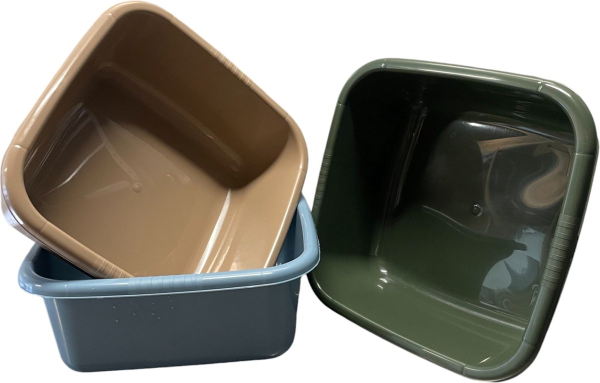 HL - Set 3x stuks - Afwasbakken - Wasbakken - Afwasteil - Afwasbak - Vierkant - 3 Kleuren - Donker Groen - Beige - Licht Blauw - 12 Liter - 36x36x14,5 cm