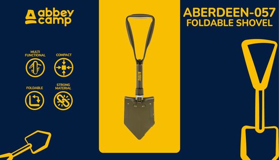 Opvouwbare pioniersschep van Abbey Camp, legergroen, met icoontjes van multifunctioneel, compact, opvouwbaar, sterk materiaal.