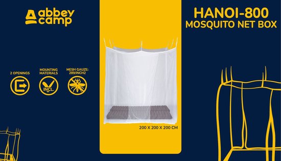 Abbey Camp HANNOI-800 klamboe, wit, 200x200x200cm, met 2 openingen en bevestigingsmateriaal.
