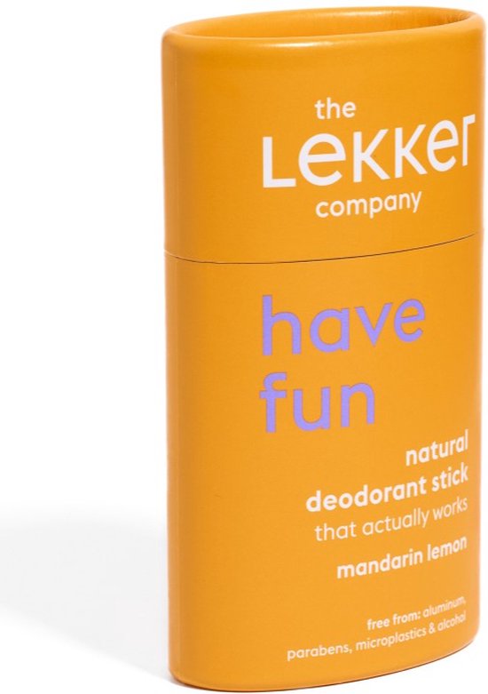 Oranje container met "the Lekker company", "have fun" en "natural deodorant stick mandarin lemon" opdruk.
