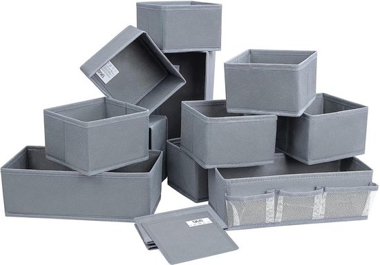 WOLTU Opbergdoos, stof, 3 stuks, opvouwbare opbergkubussen, organizerbox met handgrepen, stoffen box, opbergrek, donkergrijs, 26 x 26 x 25,5 cm