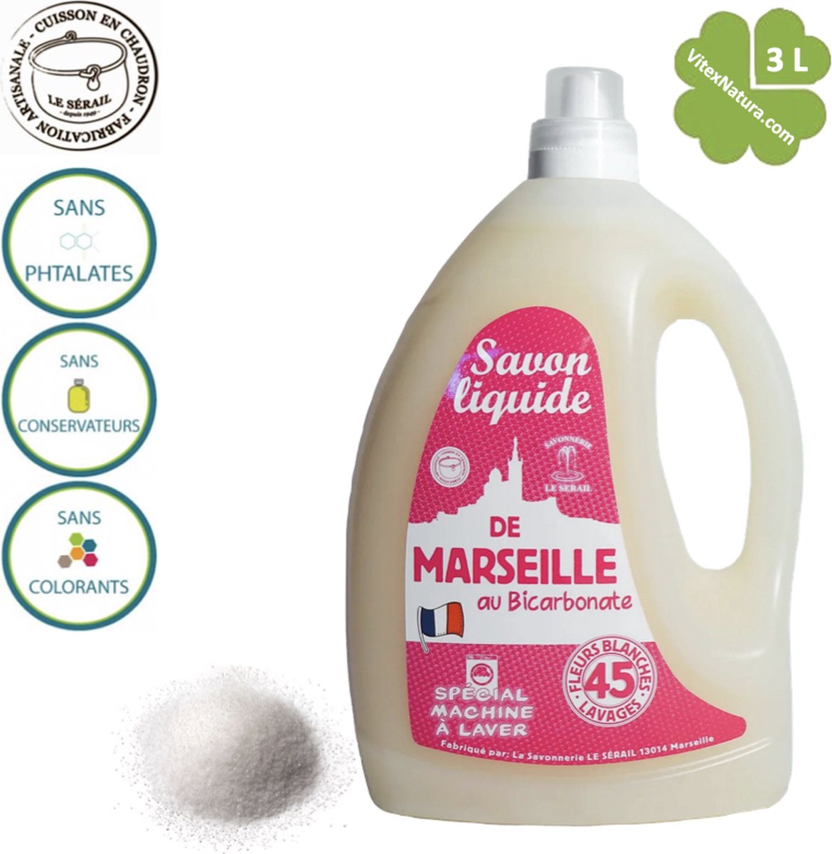 Goedkoopste Marseillezeep | vloeibaar wasmiddel met natriumbicarbonaat 3L | met een subtiele witte bloemen geur | Le Serail