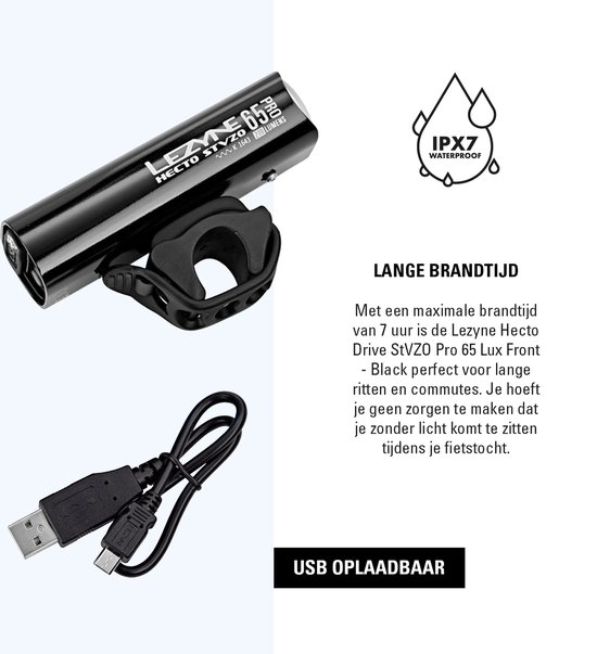 Lezyne Hecto Drive StVZO 65 Lux Front - Micro-USB Oplaadbare Fietsverlichting - LED Fietslamp Voorlicht - Koplamp Fiets - CNC-gefreesd Aluminium - Zwart — afbeelding 3