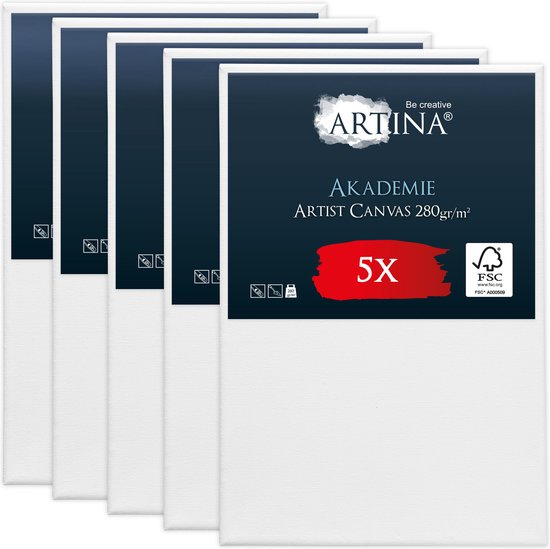 Verpakking van 5 witte ARTINA AKADEMIE artist canvas doeken, 280 gr/m², FSC hout.
