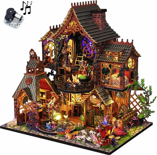 Foto: Meedeer nieuwe premium xxl miniatuur bouwpakket met muziekdoos diy betoverd bos magische huis model miniatuur bouwpakket miniatuur poppenhuis handgemaakt houten model met led verlichting 26 5x19 5x27cm poppenhuis voor 14 jaar 