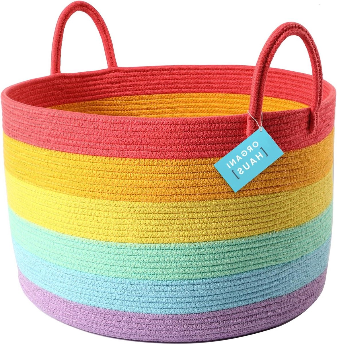 Extra Grote Regenboog Katoenen Touw Opbergmand - Handvatten - 50x33cm - Kleurrijke Eenhoorn Decor - Kinderen Speelgoed - Organiseren - Regenboog Mand - Klaslokaal Organisatie