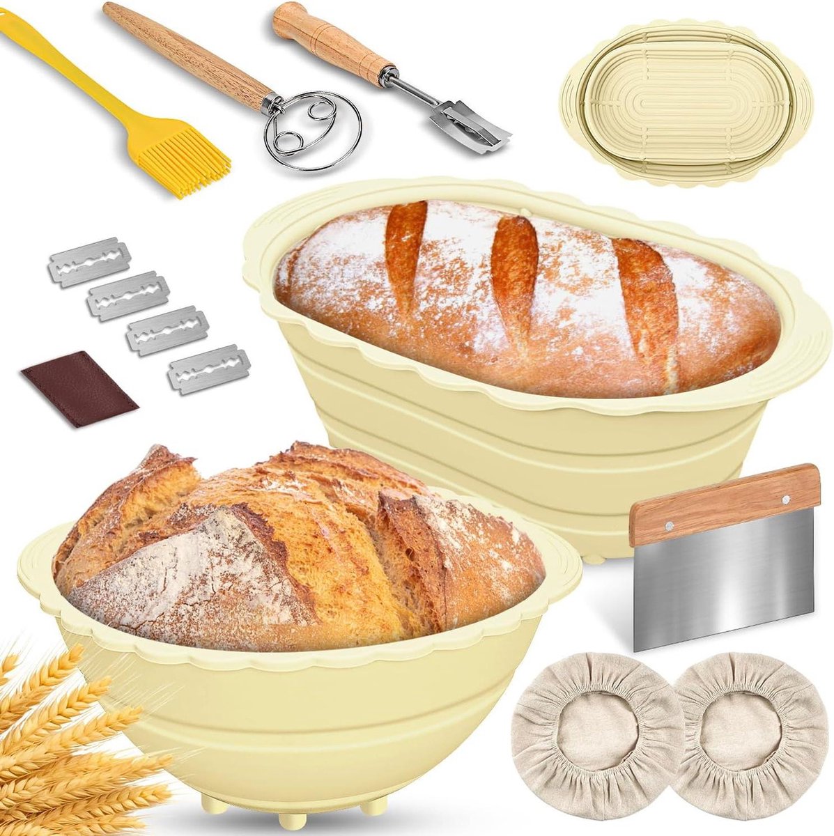 Set rijsmandjes voor zuurdesembrood, set met ovaal en rond