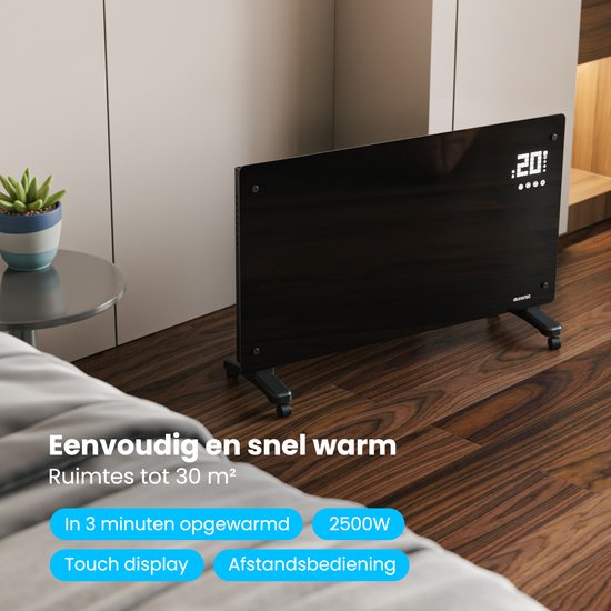 Auronic Chauffage Électrique - Convecteur avec Thermostat et Télécommande - Panneaux chauffants - jusqu'à 30 m² - Chauffage 2500W - Zwart