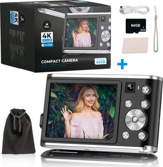 K&L Digitale Camera 4K - Fototoestel - Fotocamera - Compact Camera - Vlog Camera - Voor Kinderen - Inclusief 64GB - NL Software