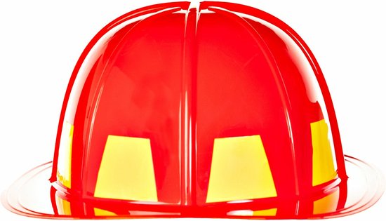 Rode brandweerhelm met gele accenten en een doorzichtige rand.
