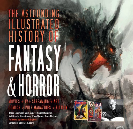 De Astounding Illustrated History of Fantasy & Horror, met een draak en tijdschriftcovers.
