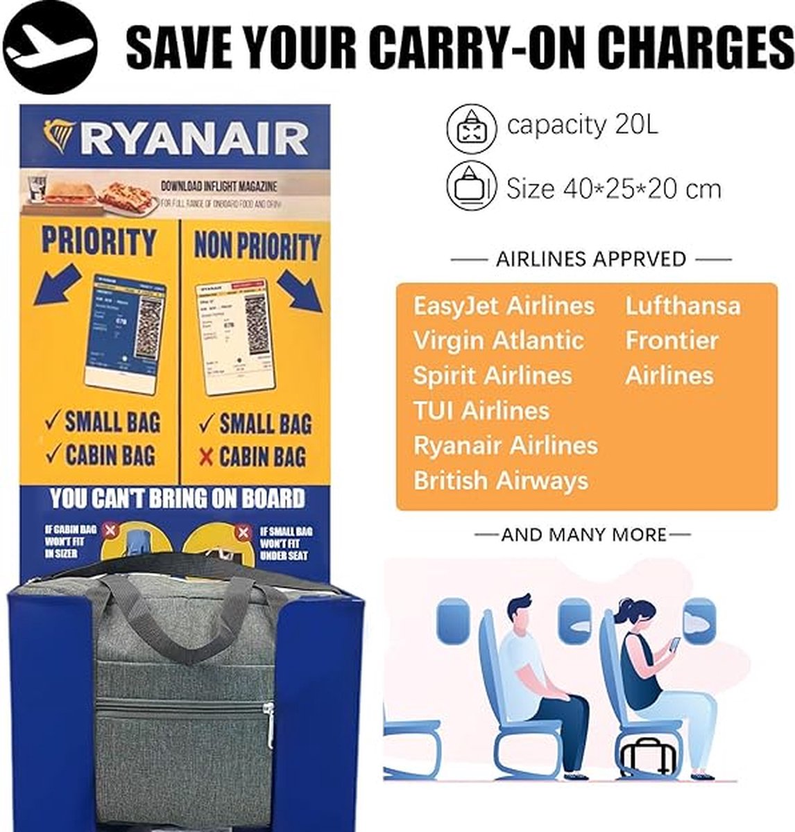 Kono Ryanair Handbagage 40x20x25cm Onder Seat Cabine Reizen - Nu 21