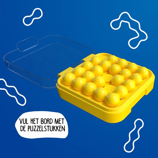 Geel spelbord met rijen gele balletjes, met tekst 'VUL HET BORD MET DE PUZZELSTUKKEN'.
