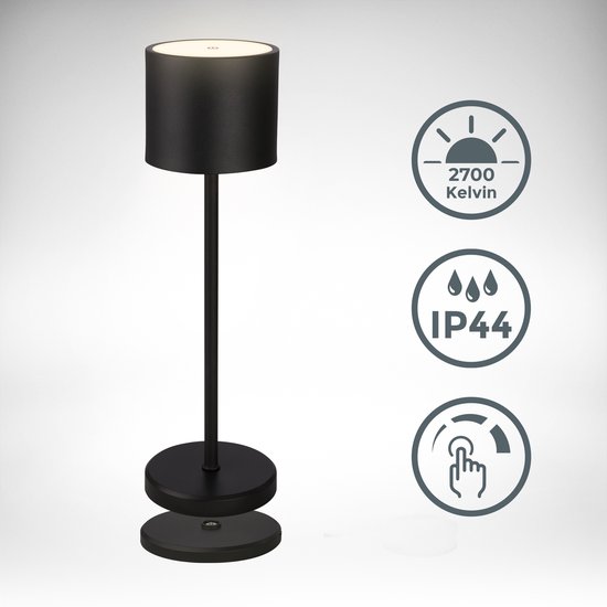 BK Licht - Lampe de table LED rechargeable - sans fil - avec station de charge - dimmable - IP44 - lampe de chevet -39,5x12,5 cm - noir