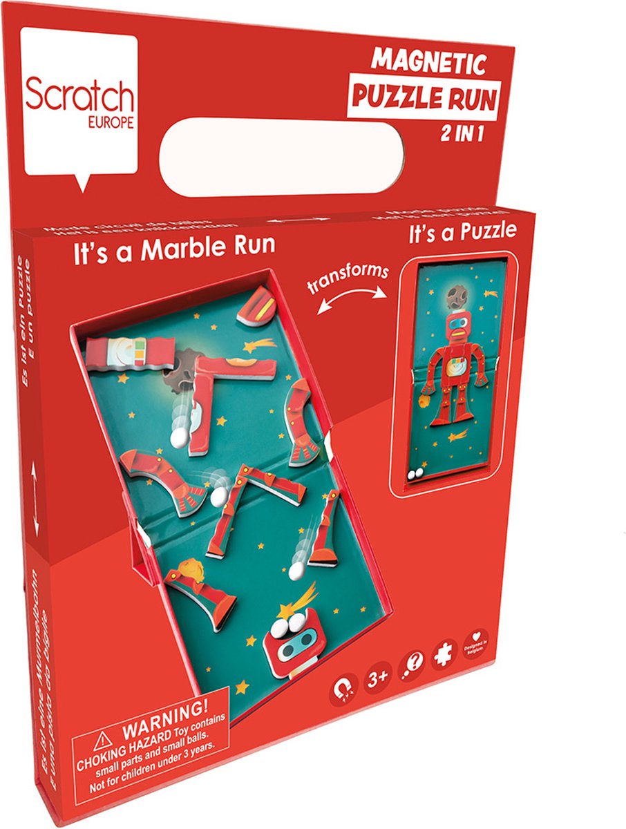 SCRATCH Magnetic Puzzle Run - Robot - 2-In-1 - Puzzel En Knikkerbaan Met 5 Knikkers - 3 Jaar