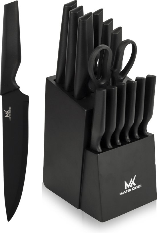 Master knives 14-delige Messenset met Blok en Messenslijper - Keukenmessen met zwart Messenblok - inclusief Keukenschaar - Krasbestendige Coating - RVS -Zwart
