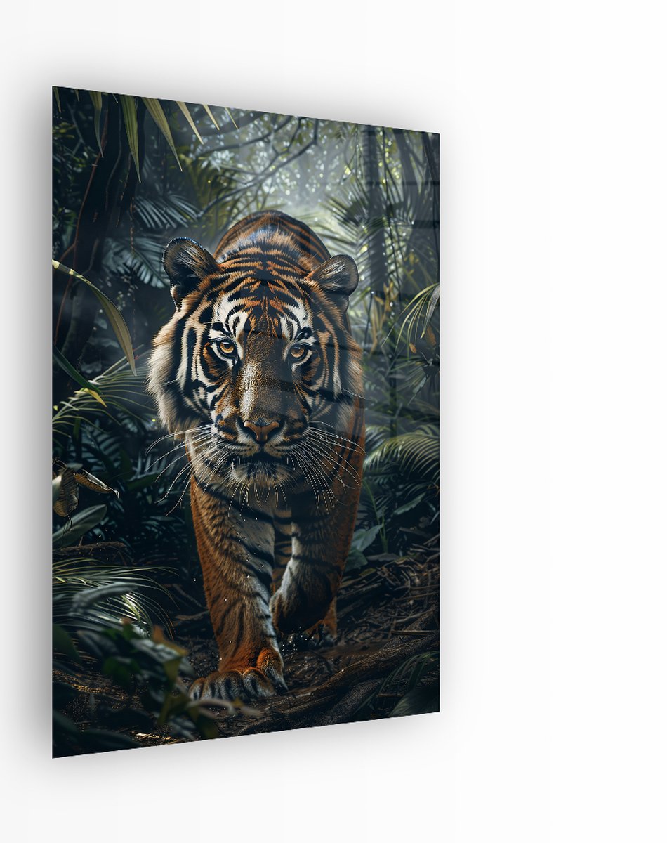 Indoorart Glasschilderij Tijgerfocus 40x60 CM - Afbeelding op plexiglas - Inclusief montagemateriaal groen, zwart, bruin, oranje