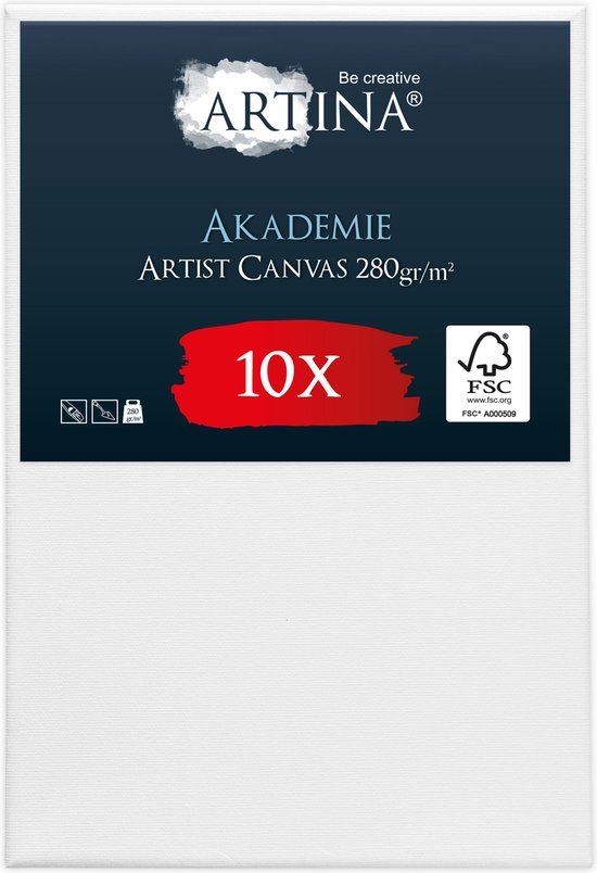 Verpakking van Artina Akademie Artist Canvas 280 gr/m², 10 stuks, met FSC-logo.